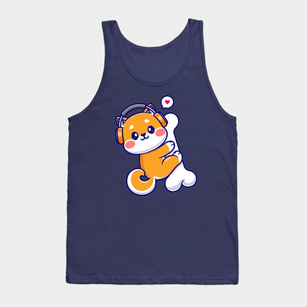 Cute Shiba Inu Hug Bone With Headphone Cartoon Tank Top by Catalyst Labs